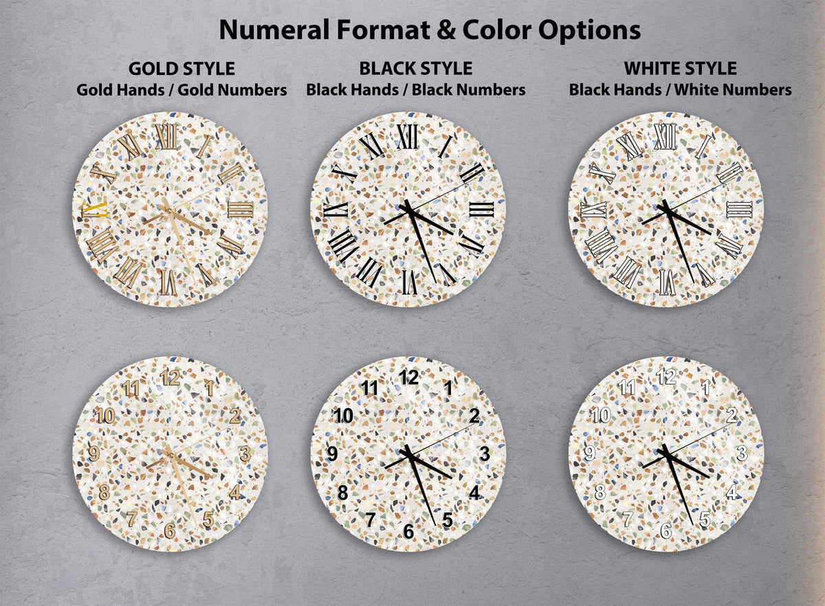 a collection of six different wall clocks, each with a unique design and color scheme. The clocks are arranged in a grid format, with two clocks in each row and three clocks in each column. The clocks feature various styles, including gold hands, gold numbers, black hands, black numbers, white hands, and white numbers. The clocks are set against a neutral gray background, allowing the colors and designs to stand out prominently.