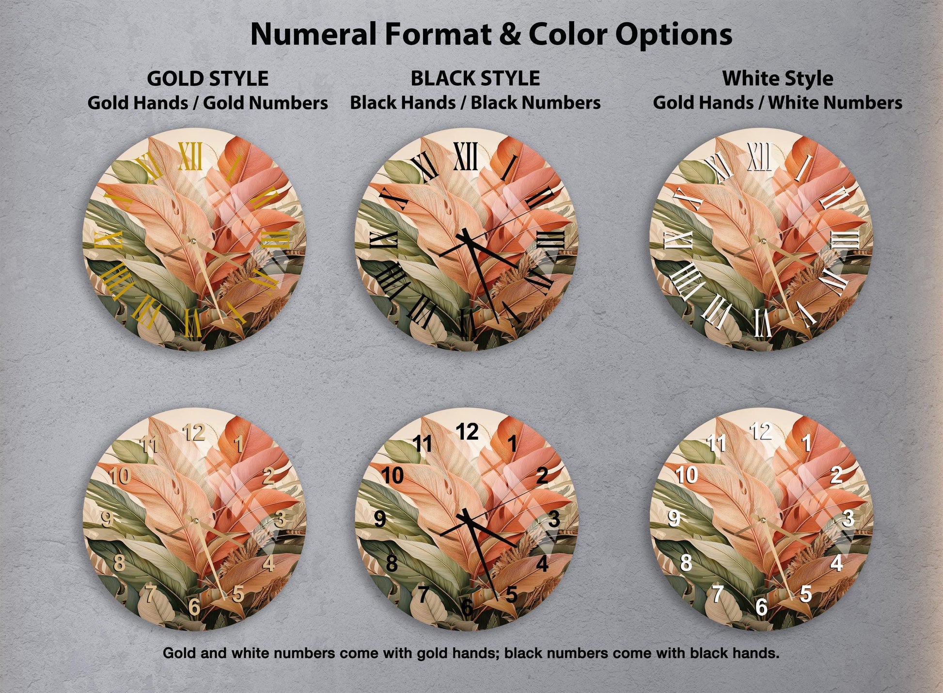 a set of four clocks with flowers on them