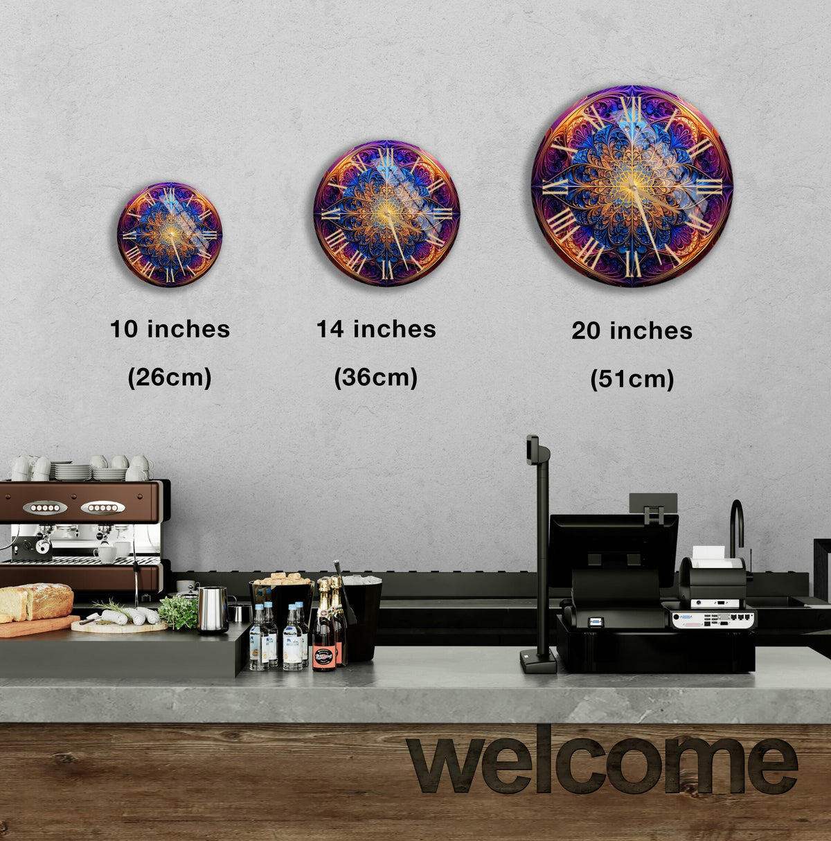 a counter with three clocks on the wall above it
