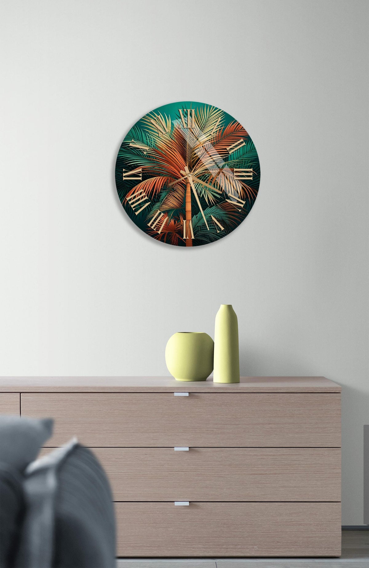 a living room with a large clock on the wall