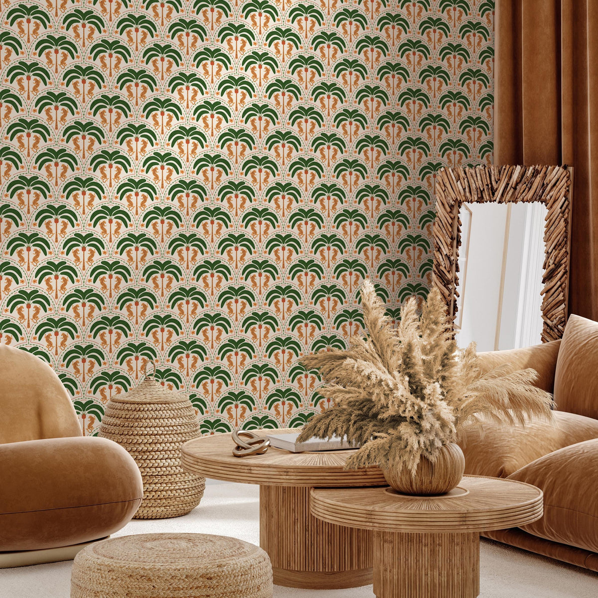 a living room with a patterned wallpaper, a brown sofa, a round wooden coffee table, and a mirror.