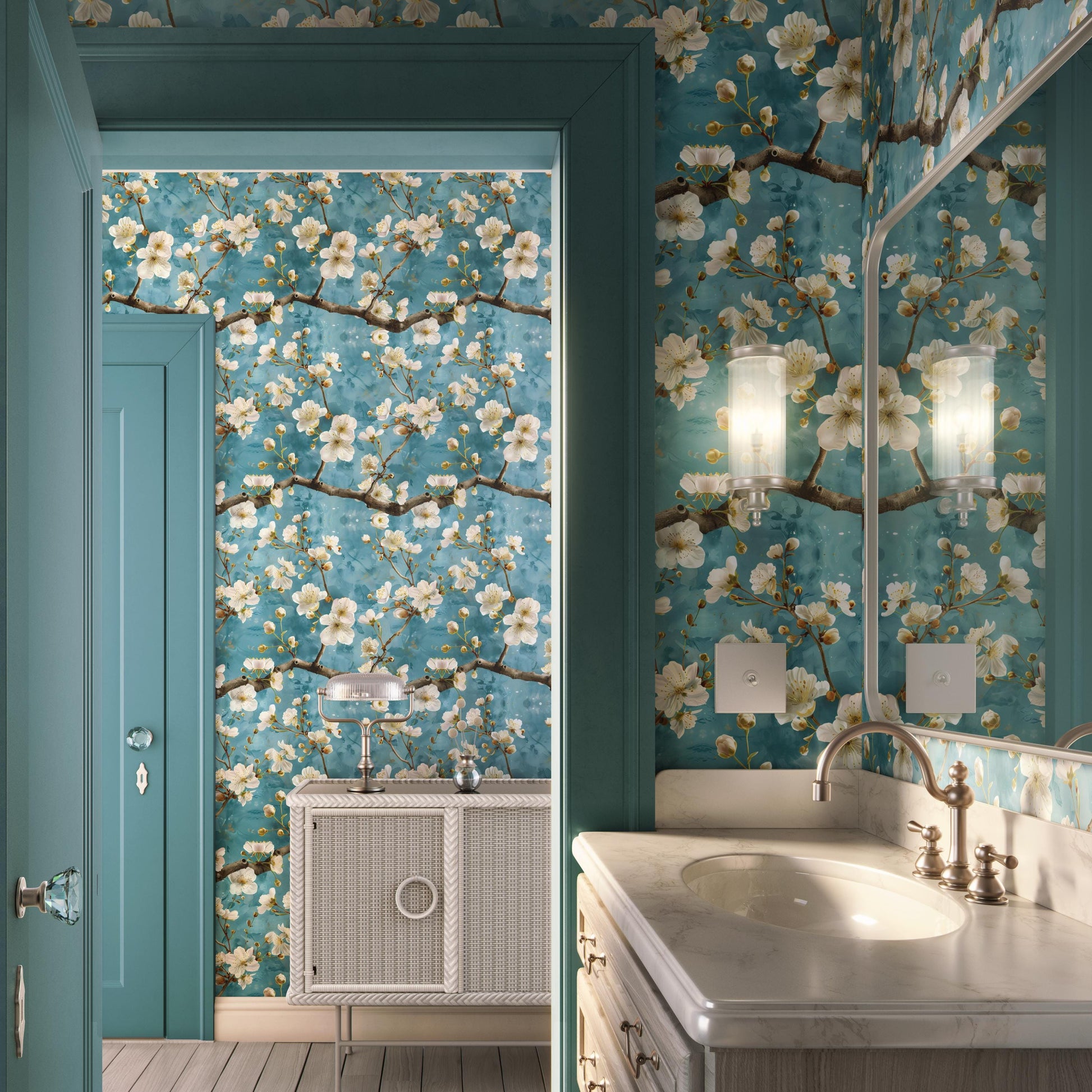 a bathroom with a floral wallpaper pattern, a white vanity with a sink, and a mirror above the vanity.