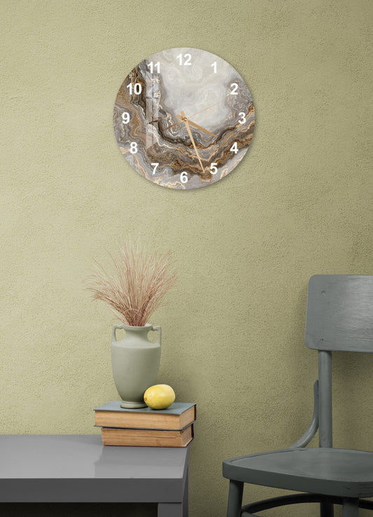 Tempered Glass Wall Clock – Modern Round Marble Pattern in Gray Taupe White