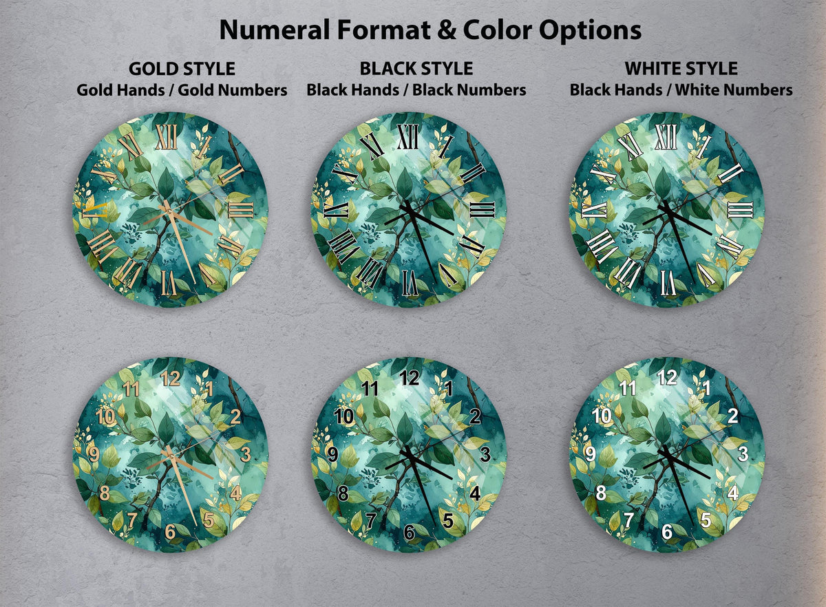 six clock faces with different styles and color options, including gold hands, black hands, black numbers, black numbers, white hands, and white numbers.