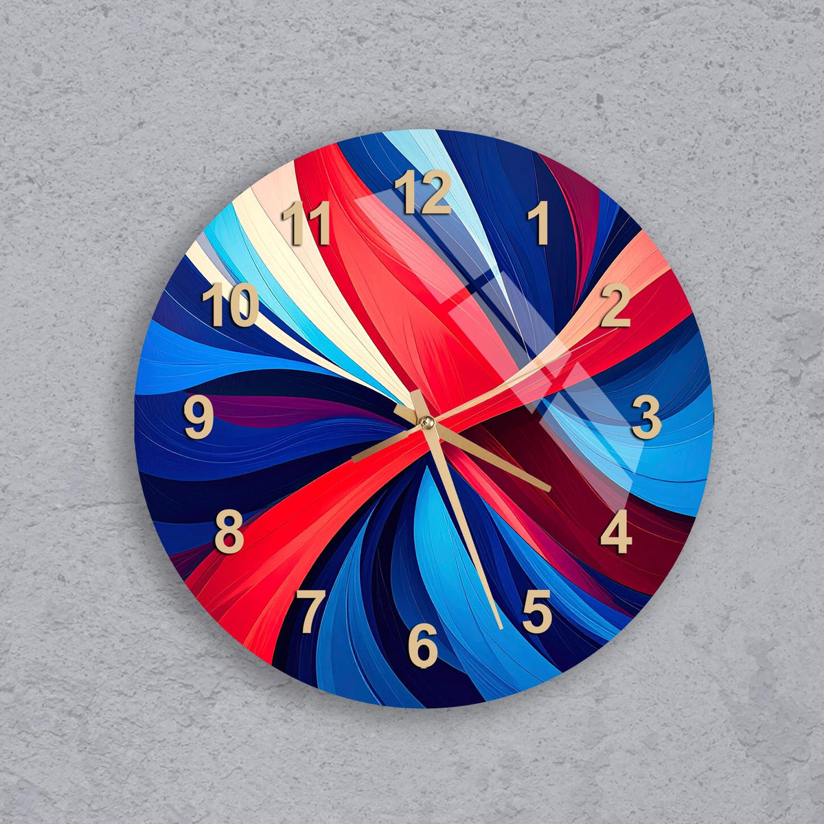 A colorful wall clock with a vibrant design featuring swirls and patterns in red, blue, and yellow.