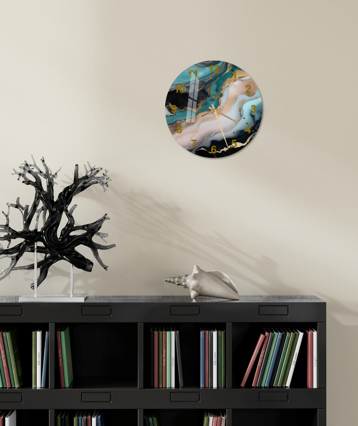 a book shelf with a vase and a clock on it