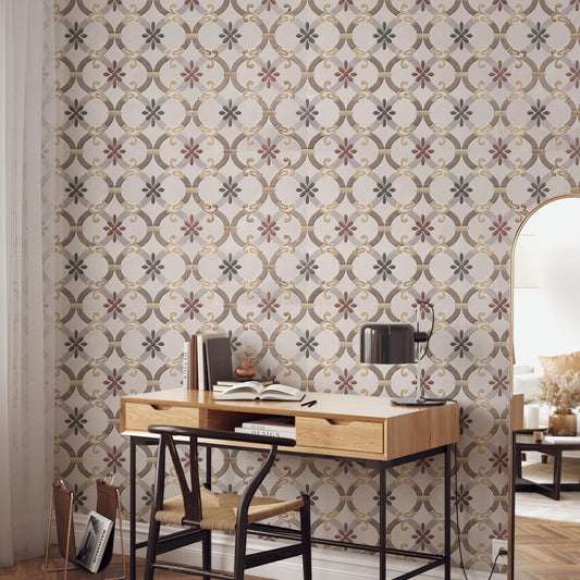 a modern and stylish workspace with a wooden desk, a black chair, and a lamp. The desk is positioned against a wall with a decorative floral pattern, creating a visually appealing and comfortable environment.