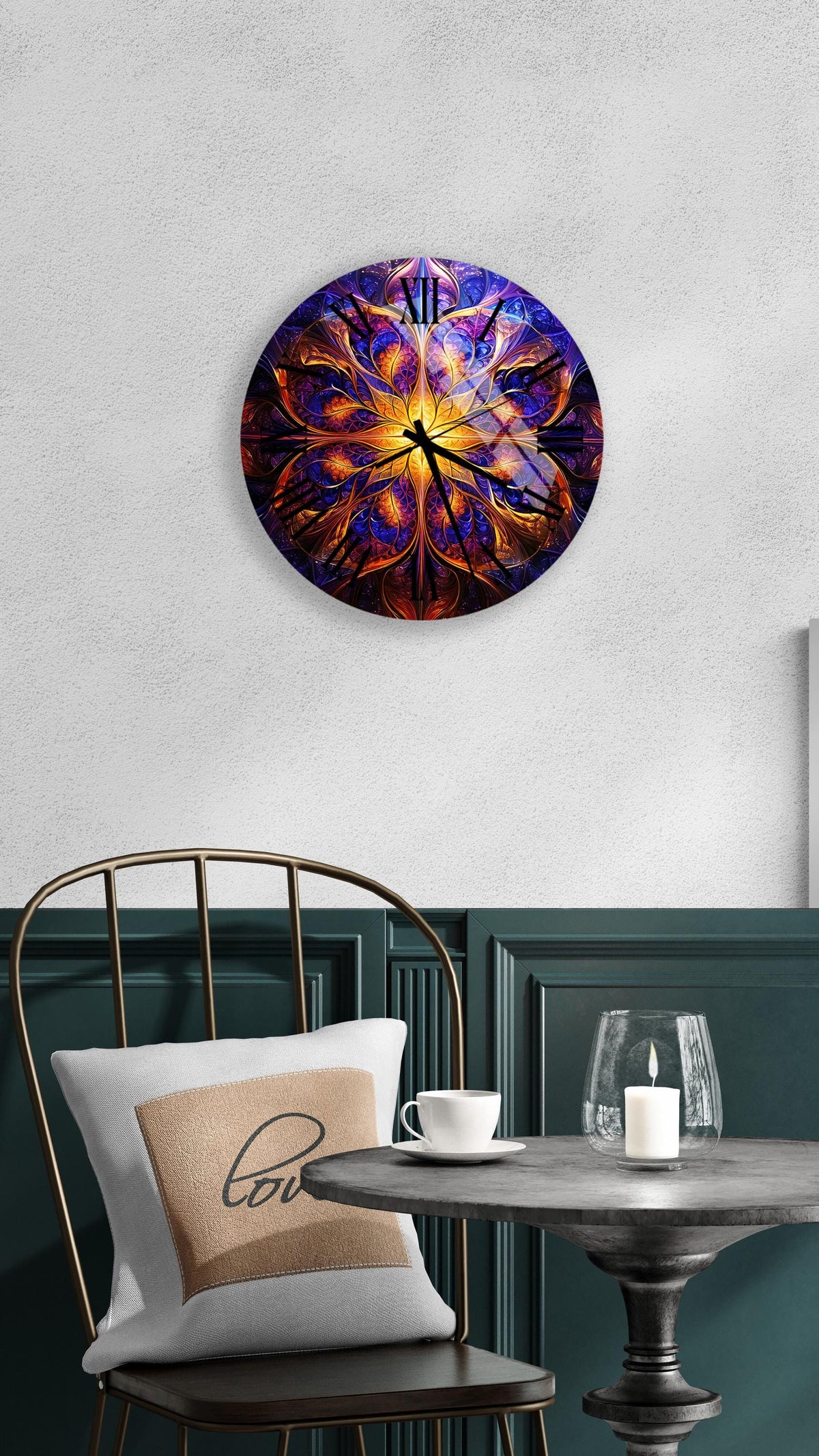 a clock that is on the wall above a table