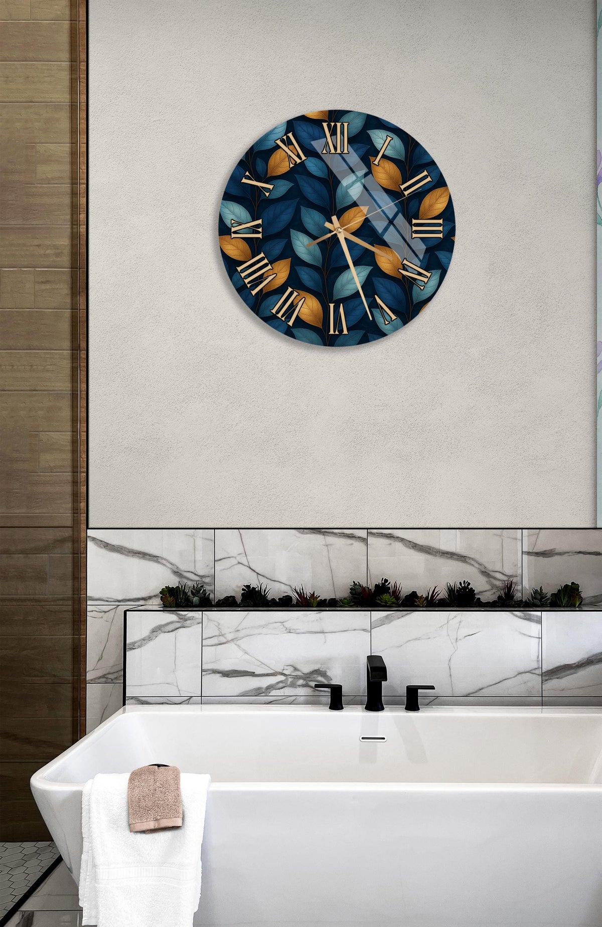 a bathroom with a white bathtub, a round wall clock with a leaf pattern, and a marble tile backsplash.