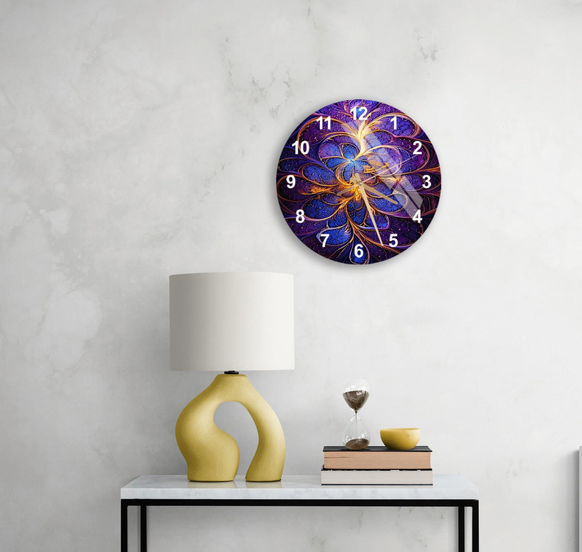 a table with a lamp and a clock on it
