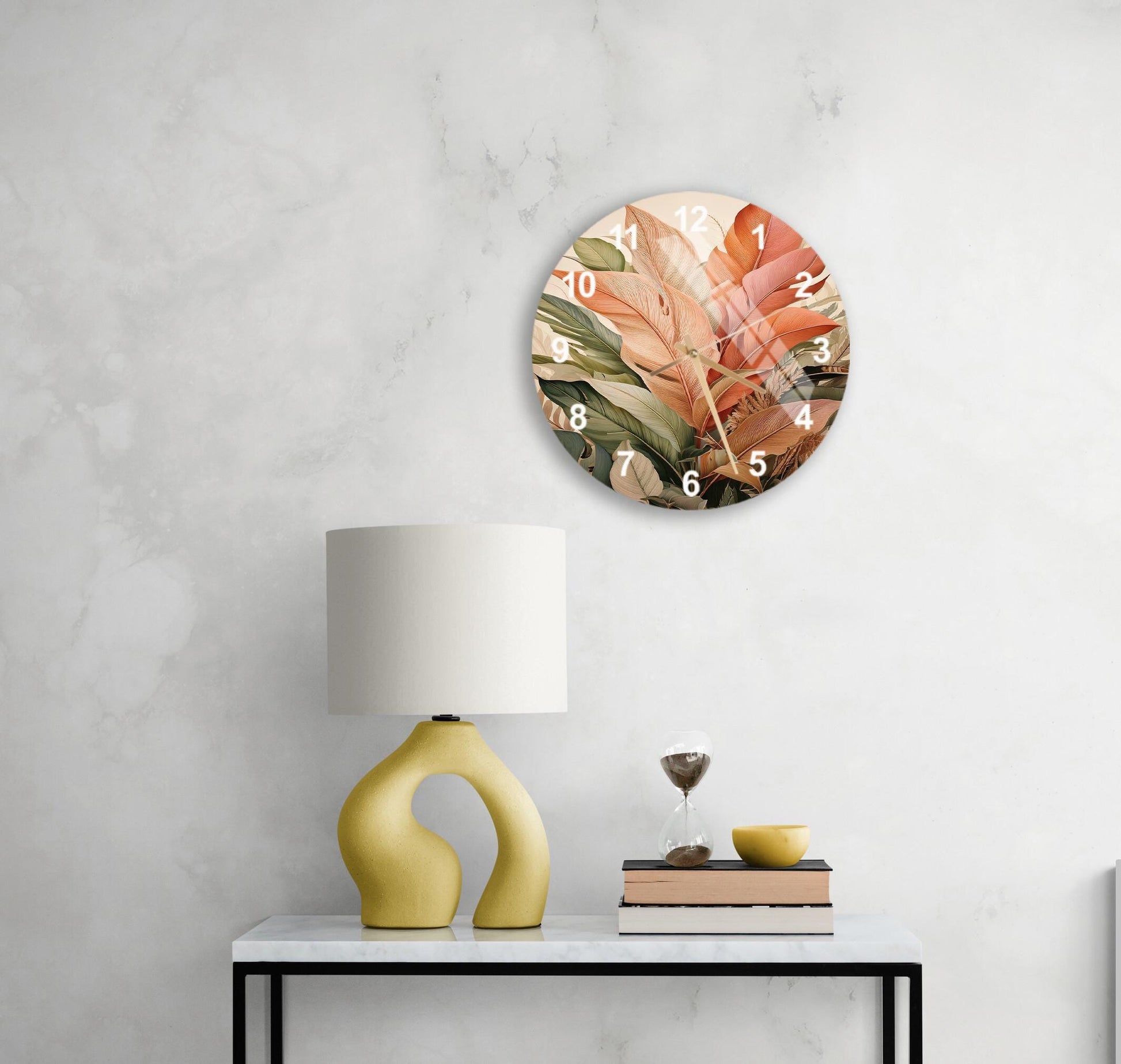 a table with a lamp and a clock on it