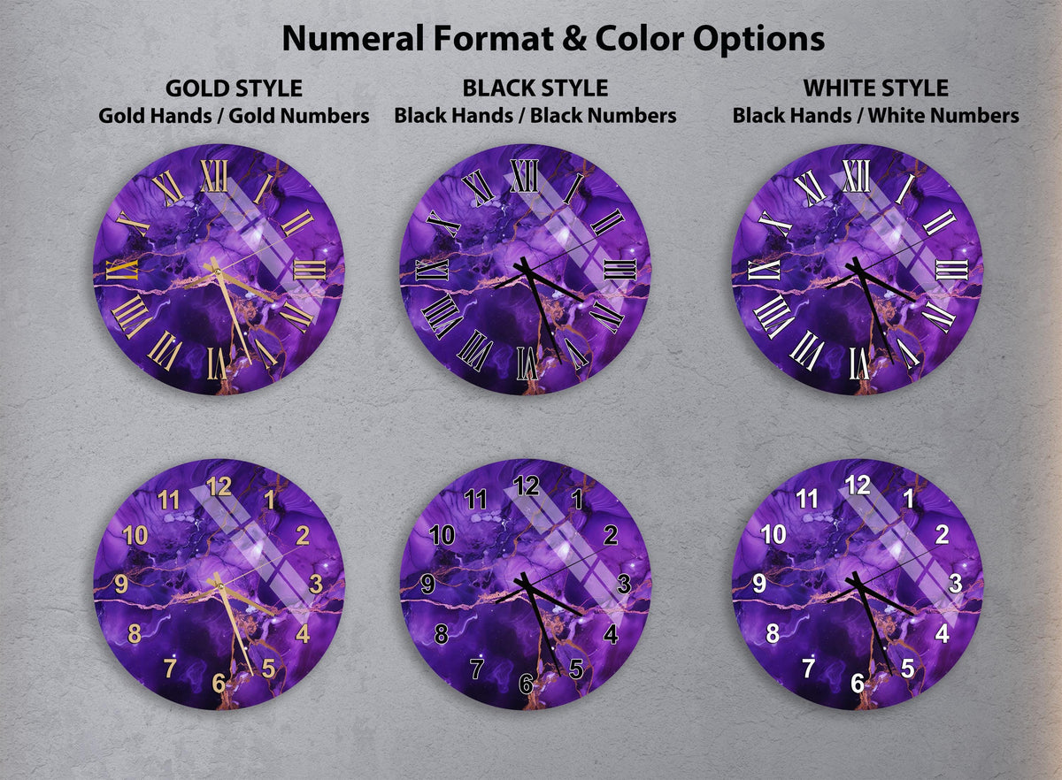 a collection of six clock faces with different styles and color options, including gold, black, white, and black and white.