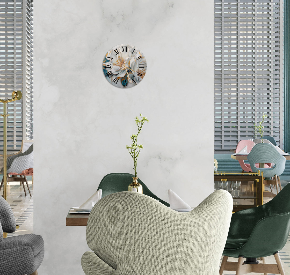 a living room with a clock on the wall