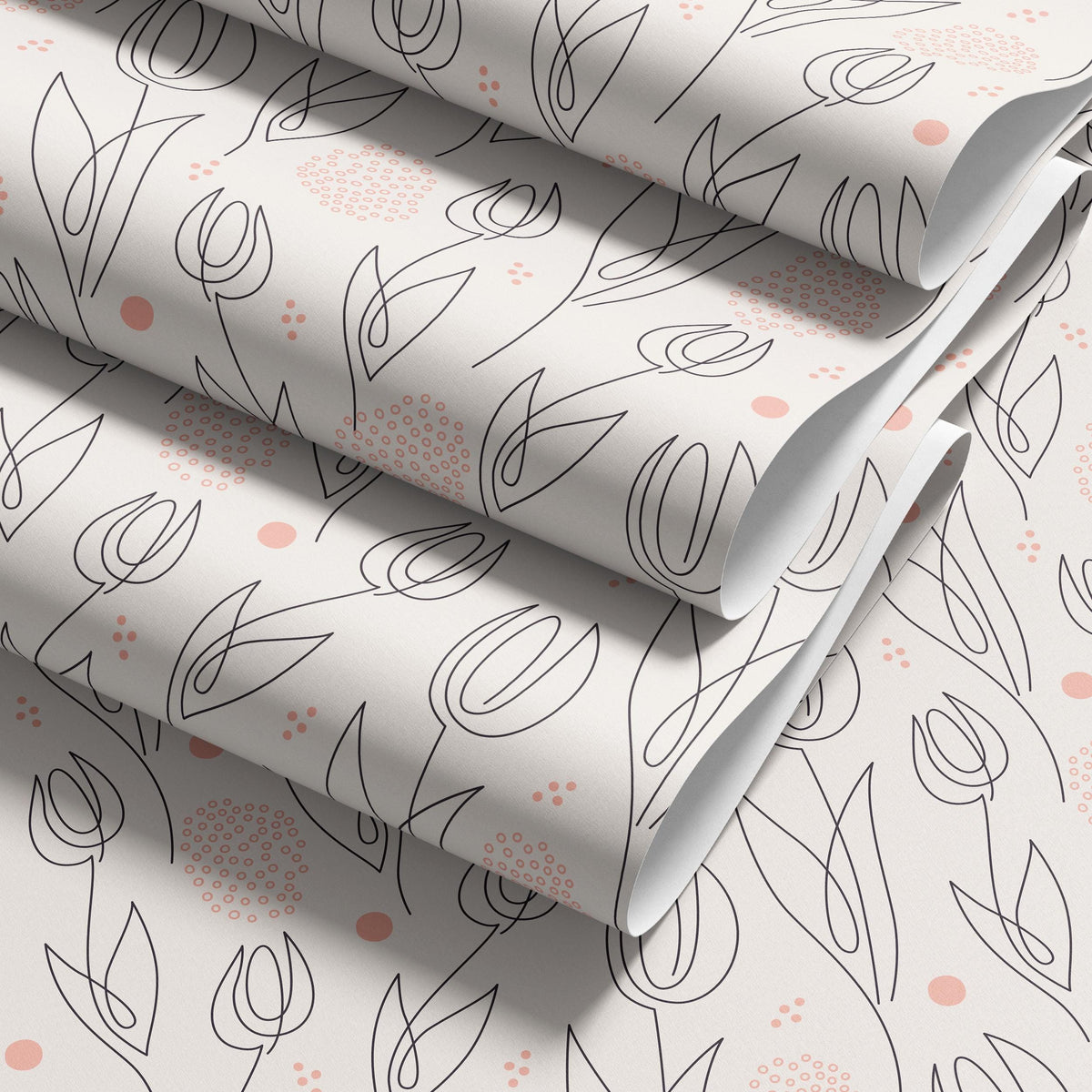 a repeating pattern of stylized tulips and leaves in black and white, with small pink dots scattered throughout the design.