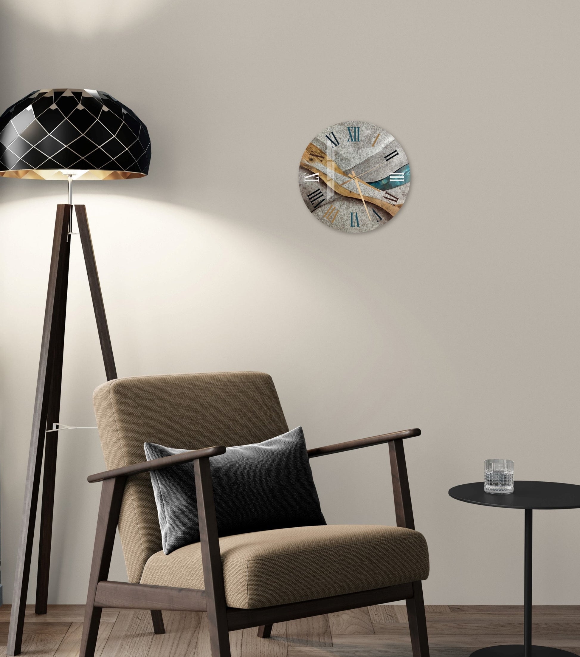 a living room with a chair and a clock on the wall