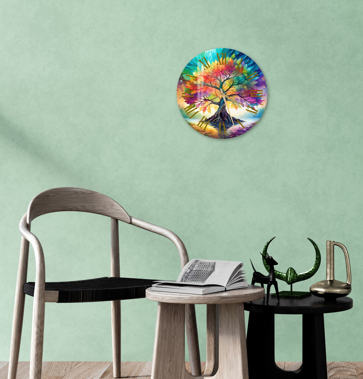 a room with a chair and a table with a book on it