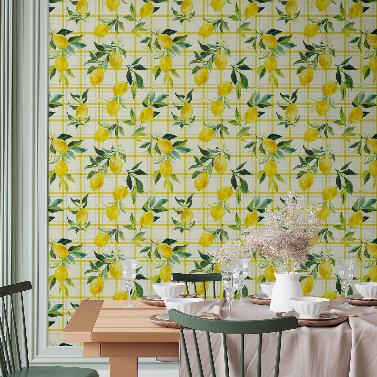 a dining area with a table set for a meal, surrounded by chairs. The wall behind the table is covered in a vibrant yellow and green patterned wallpaper, creating a cheerful and lively atmosphere. The table is set with plates, bowls, and glasses, ready for a meal.