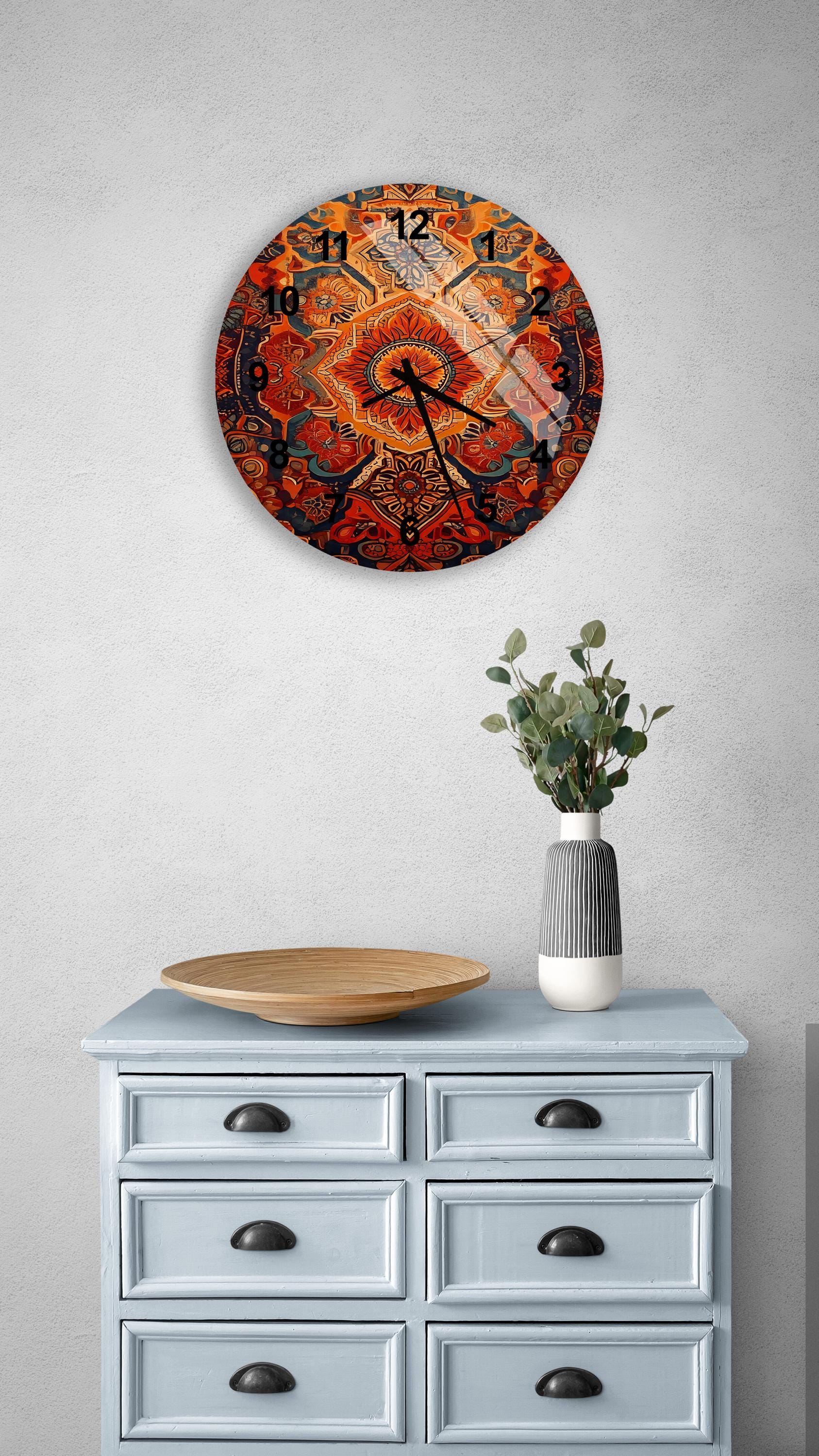 a clock on a wall above a dresser