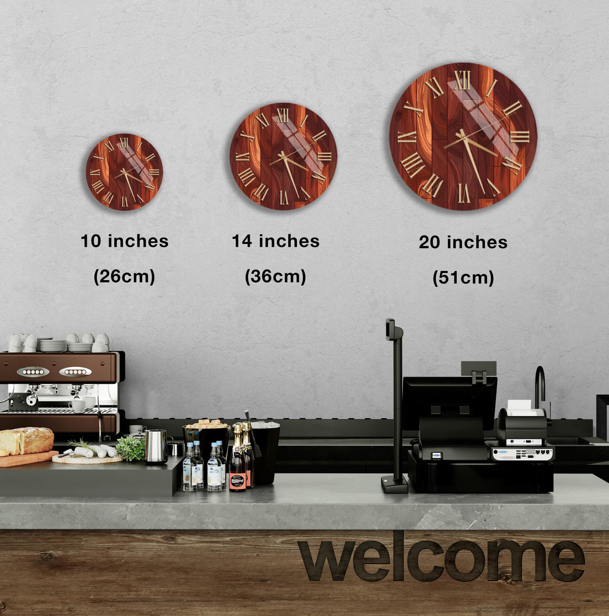 a wall with three round wooden clocks of different sizes, each displaying the same time. Below the clocks, there is a counter with various items such as bottles and a cash register. The word "welcome" is written on the counter.