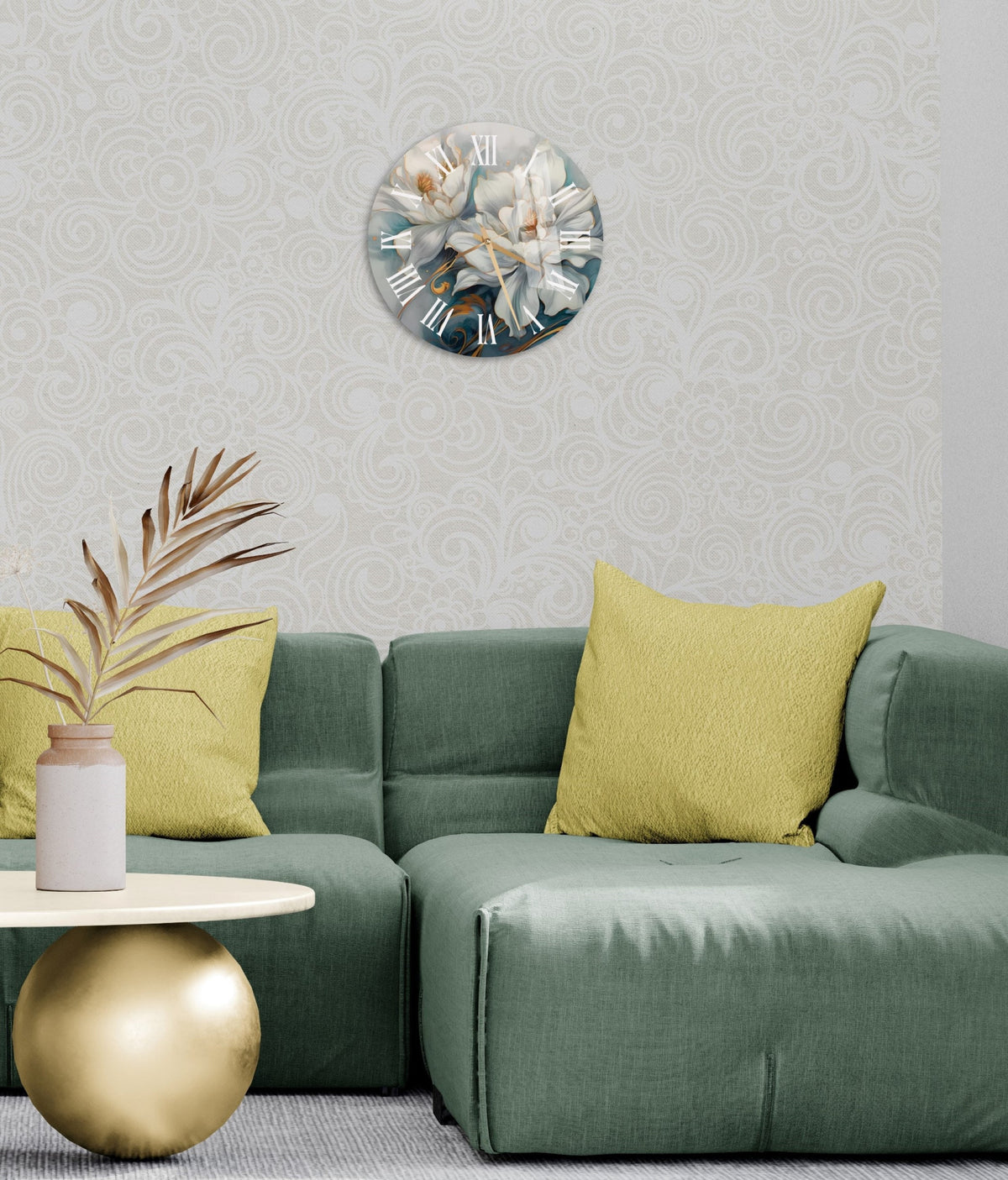 a living room with a green couch and a clock on the wall