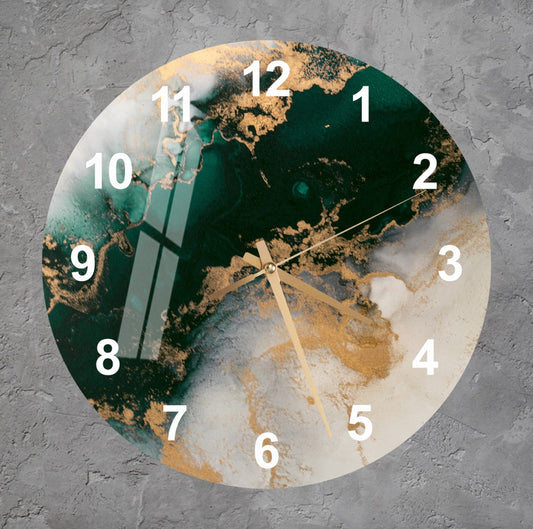 Tempered Glass Wall Clock – Gold Emerald Abstract Design | Silent, Scratch Resistant