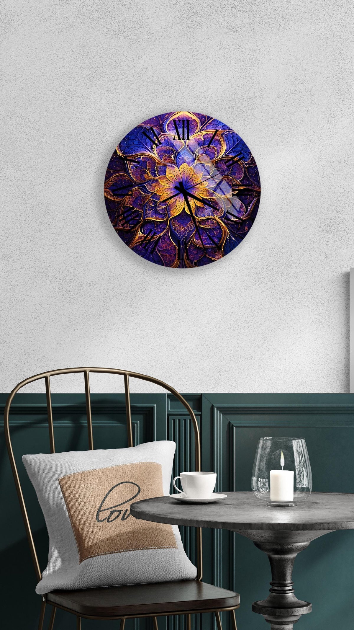 a table with a chair and a vase on it