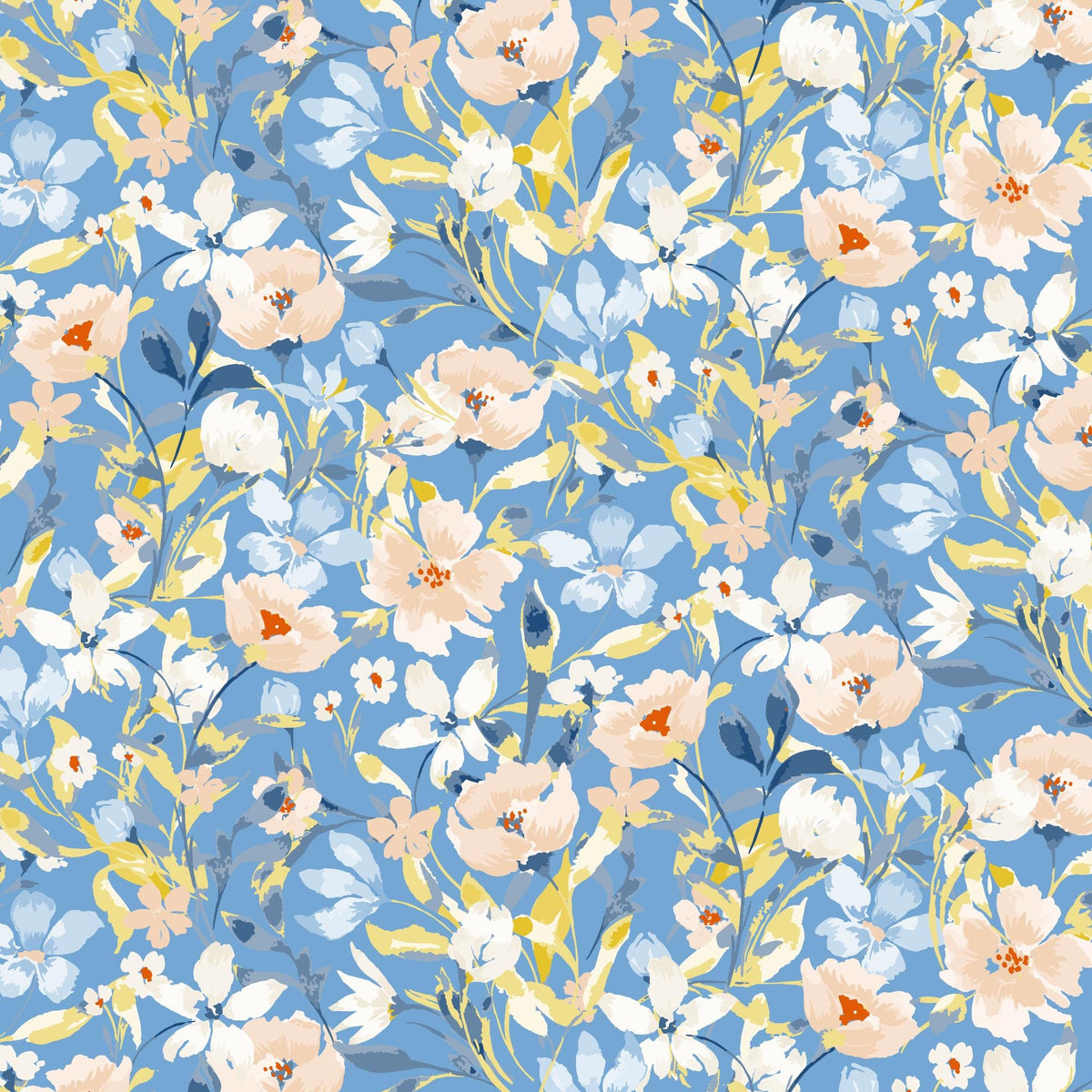 The image is a vibrant and colorful floral pattern featuring various types of flowers and leaves in shades of blue, yellow, and pink. The pattern is composed of numerous individual flowers and leaves, creating a visually striking and dynamic design.
