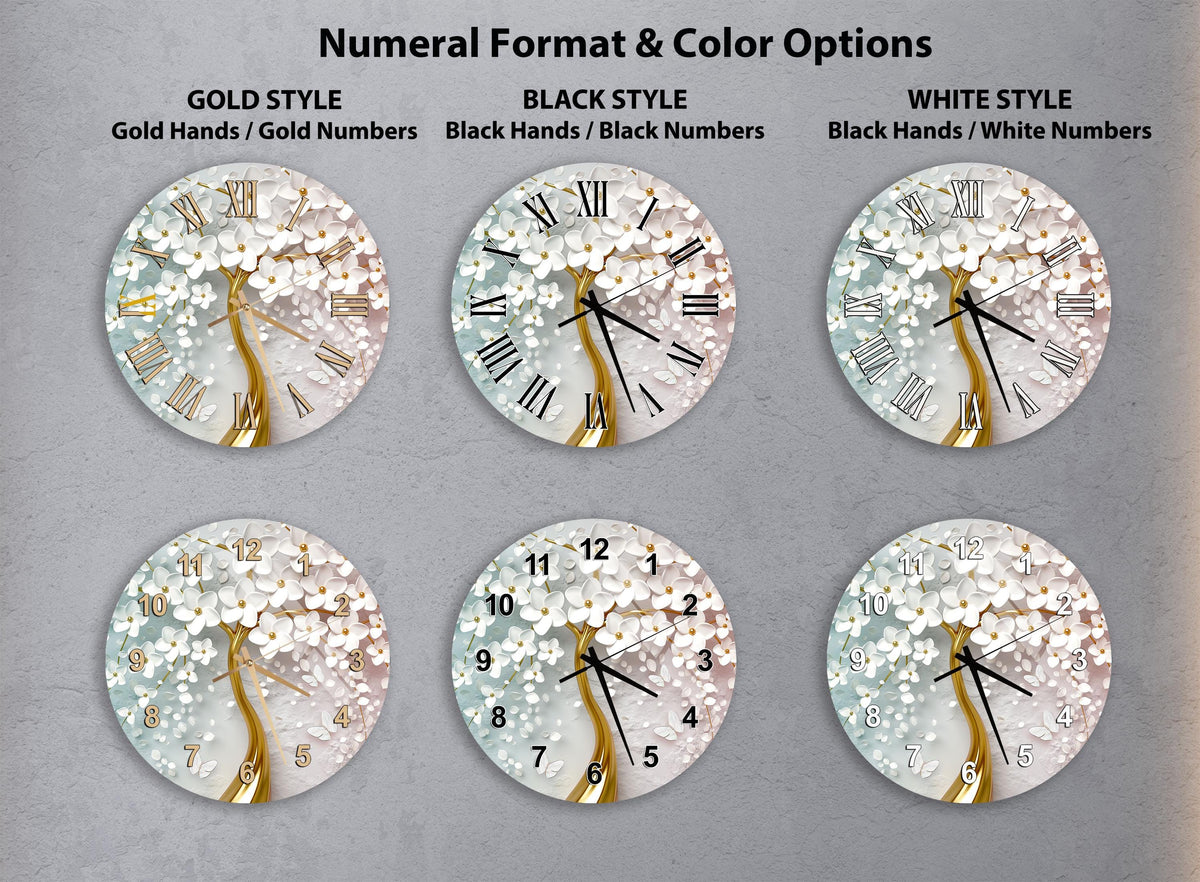 a collection of six clock faces, each with a different style and color option. The clocks feature a tree design with white flowers, and the clock faces are arranged in a grid format.
