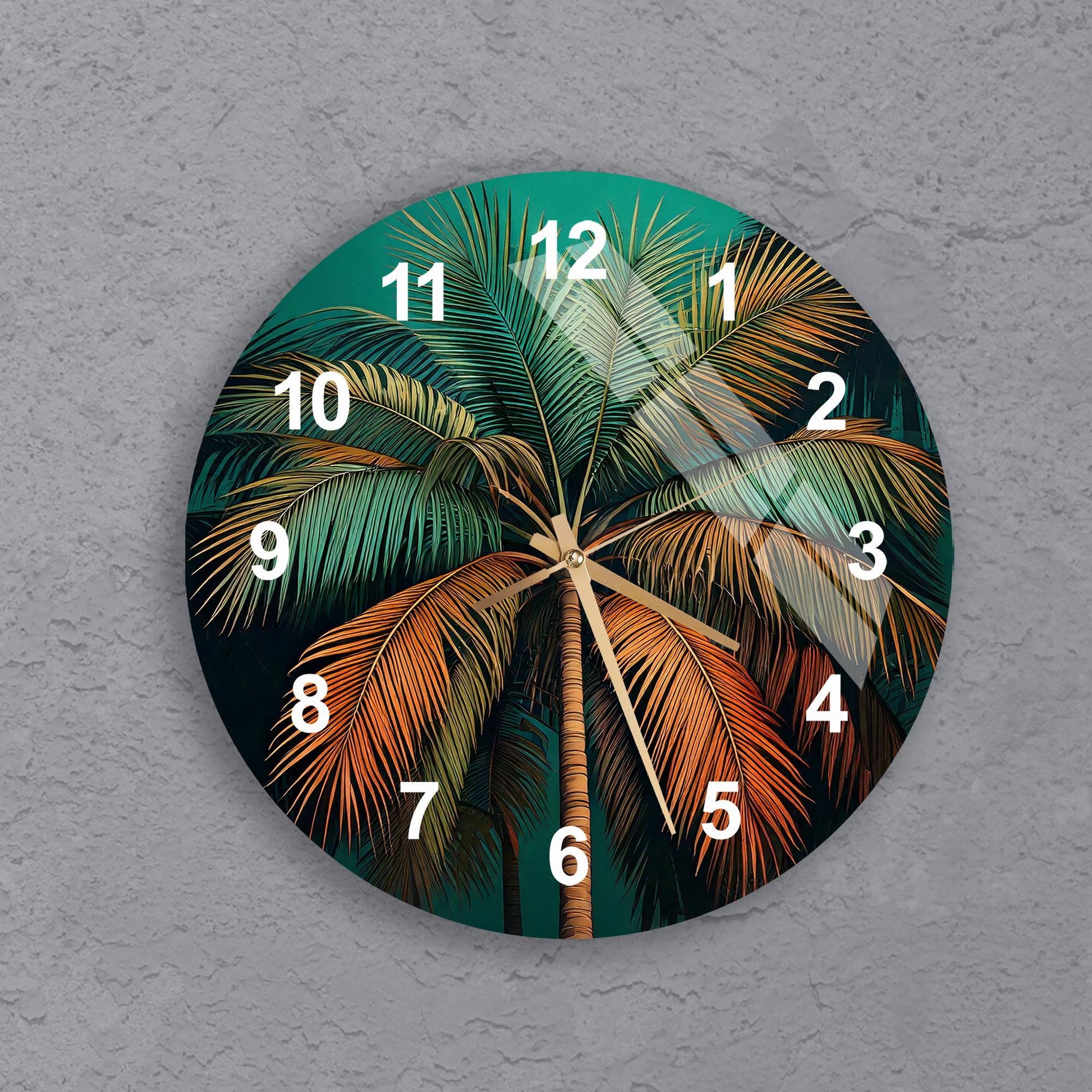 a clock with a palm tree painted on it