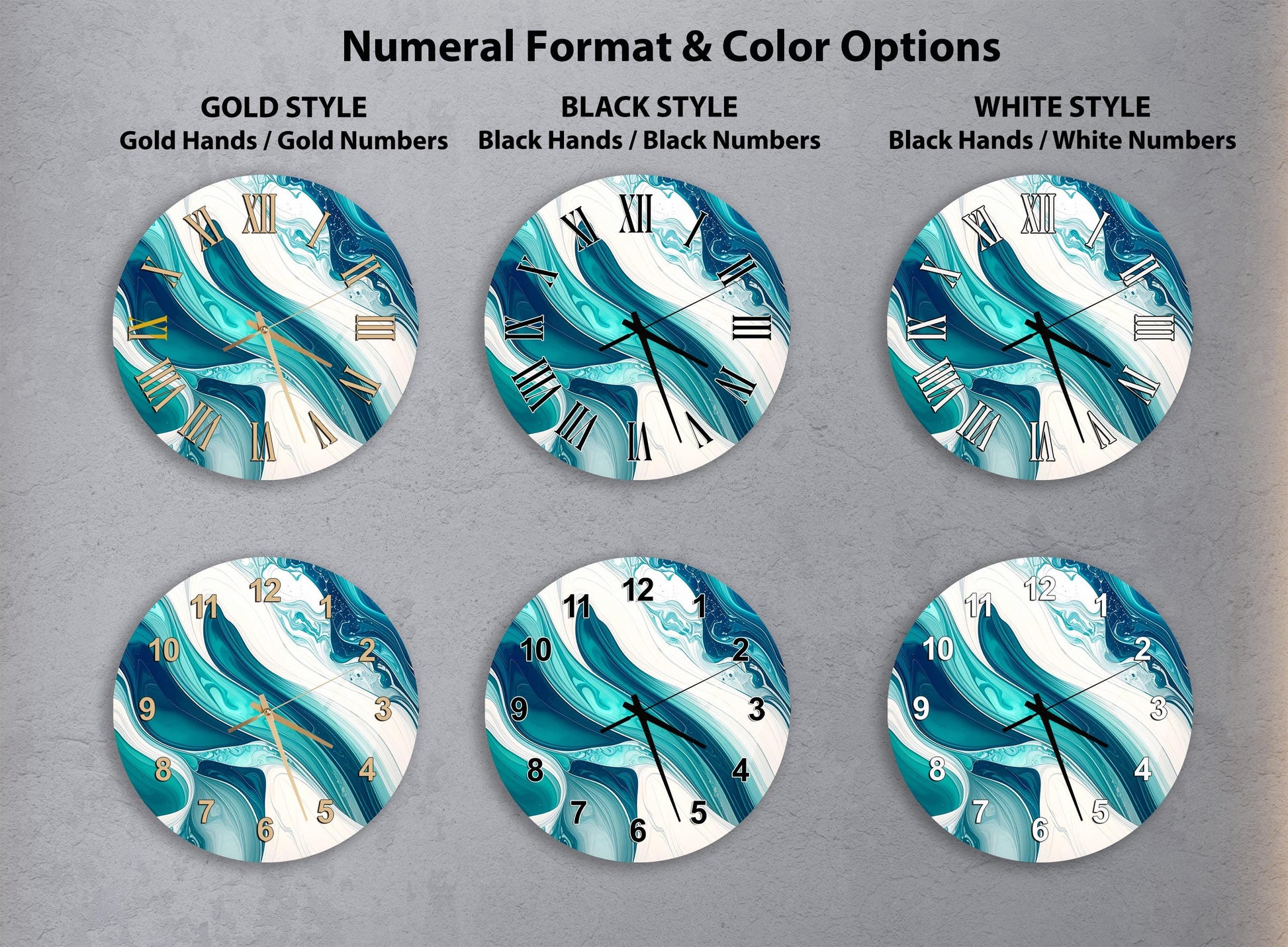 six round wall clocks with different styles and color options, including gold, black, white, and black and white.