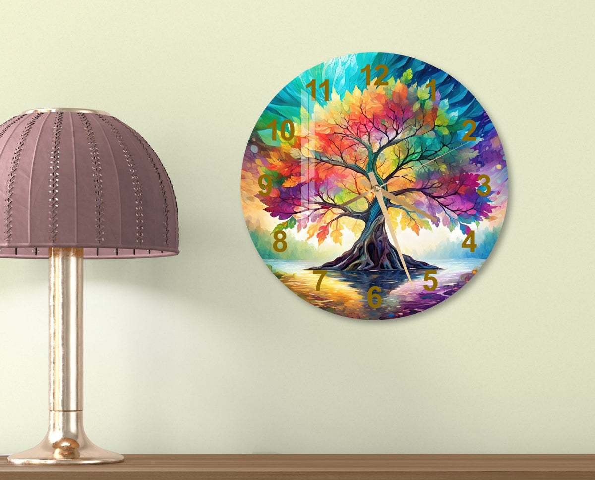 a painting of a colorful tree on a wall