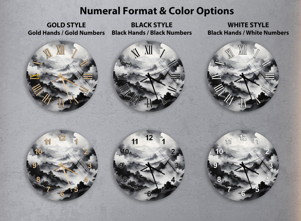 a collection of six clock faces, each with a different numeral format and color option. The clocks feature various styles, including gold hands, gold numbers, black hands, black numbers, black hands/white numbers, and black hands/white numbers. The clocks are arranged in a grid format, showcasing the different styles and color options available for a clock design.