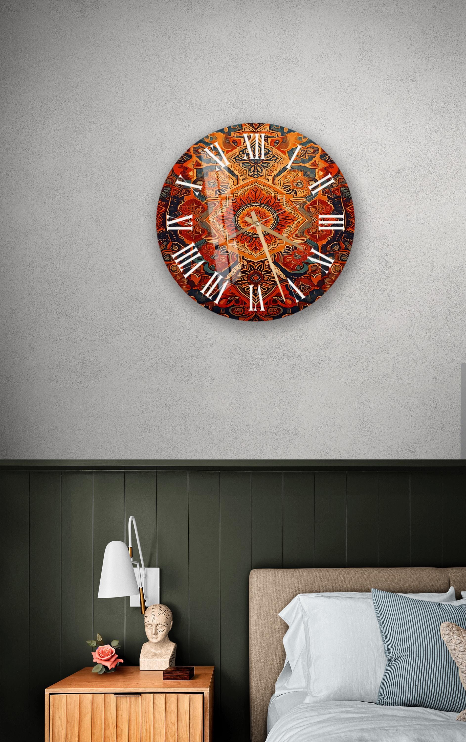 a bedroom with a bed and a large clock on the wall