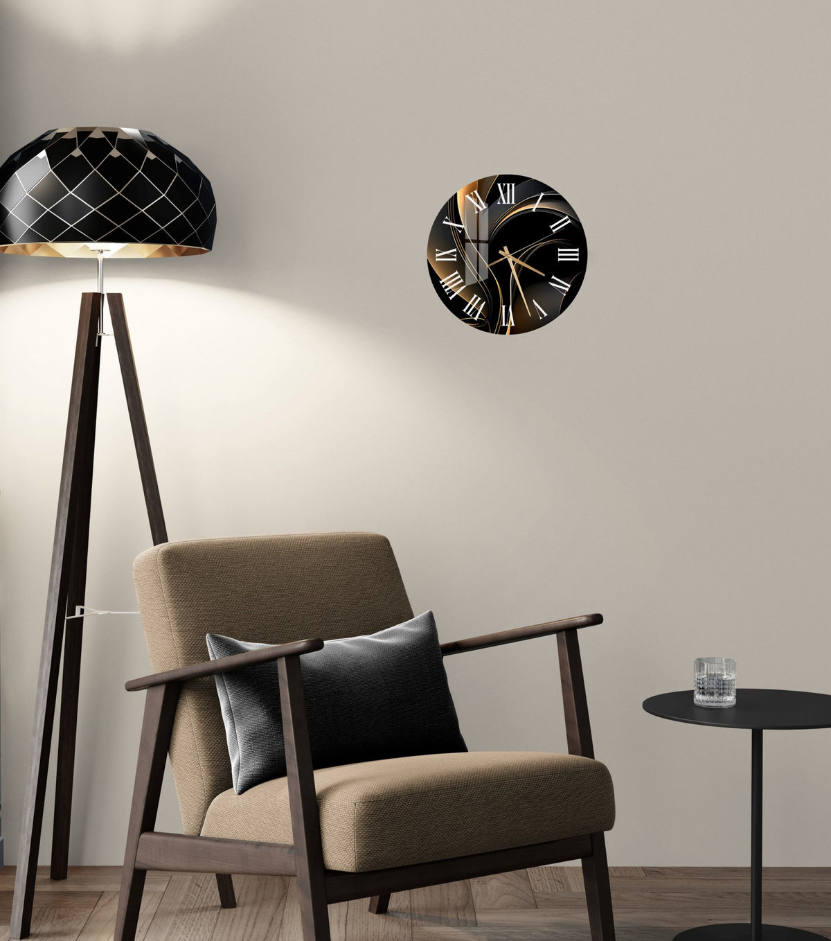 a living room with a chair and a clock on the wall