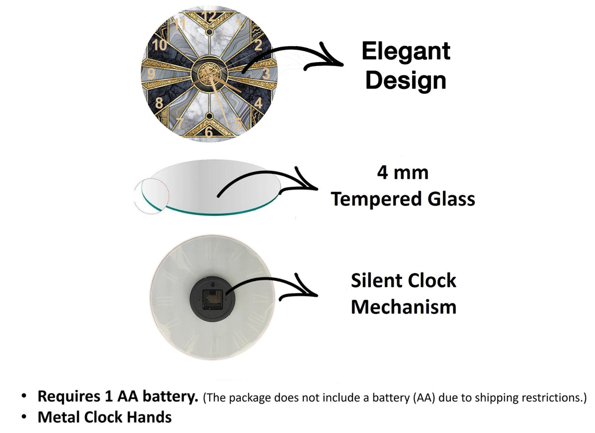 The image is a diagram that illustrates the features of a clock, including its elegant design, the use of 4 mm Tempered Glass for the clock face, and the silent clock mechanism.