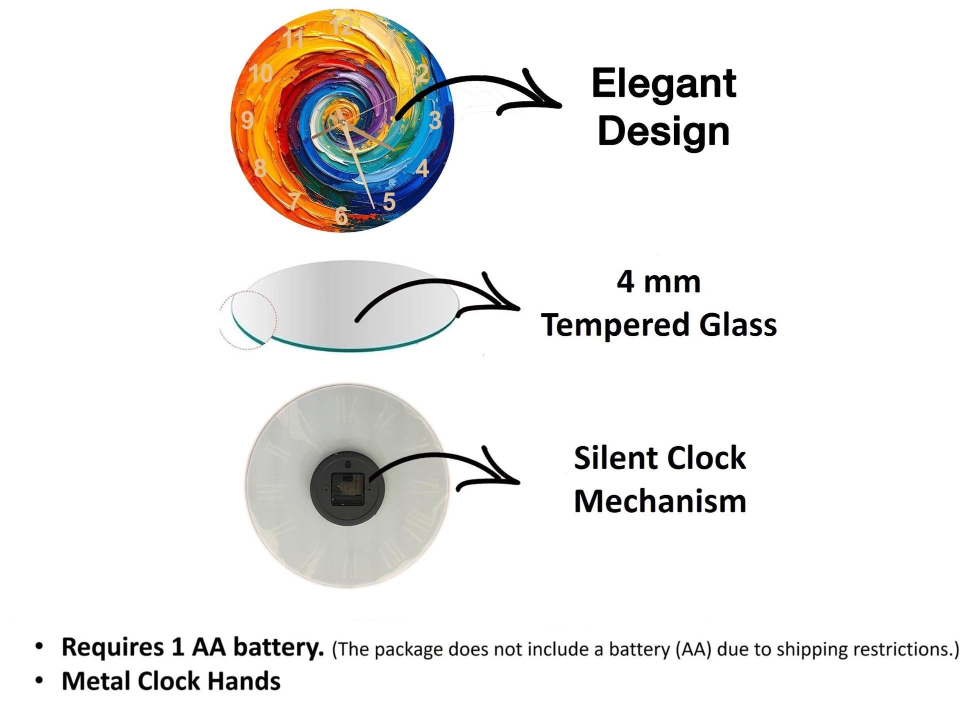 The image is a diagram that illustrates the features of a clock, including its design, materials, and mechanism.