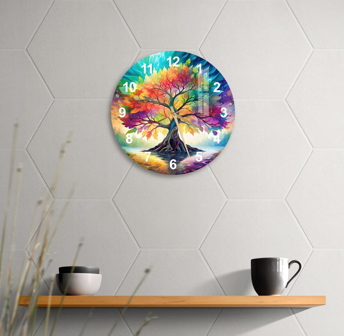 a clock with a colorful tree on it