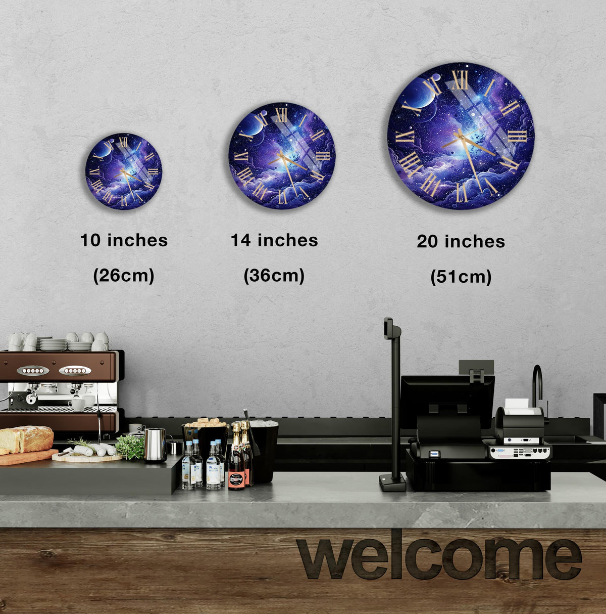 a kitchen counter with three clocks on the wall