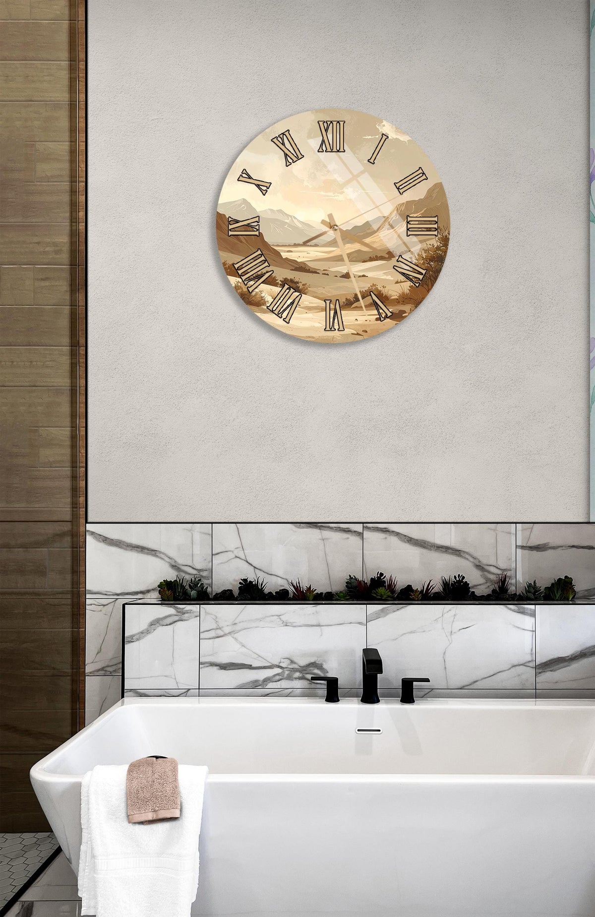 a bathroom with a white bathtub, a round clock with Roman numerals, and a marble tile backsplash.