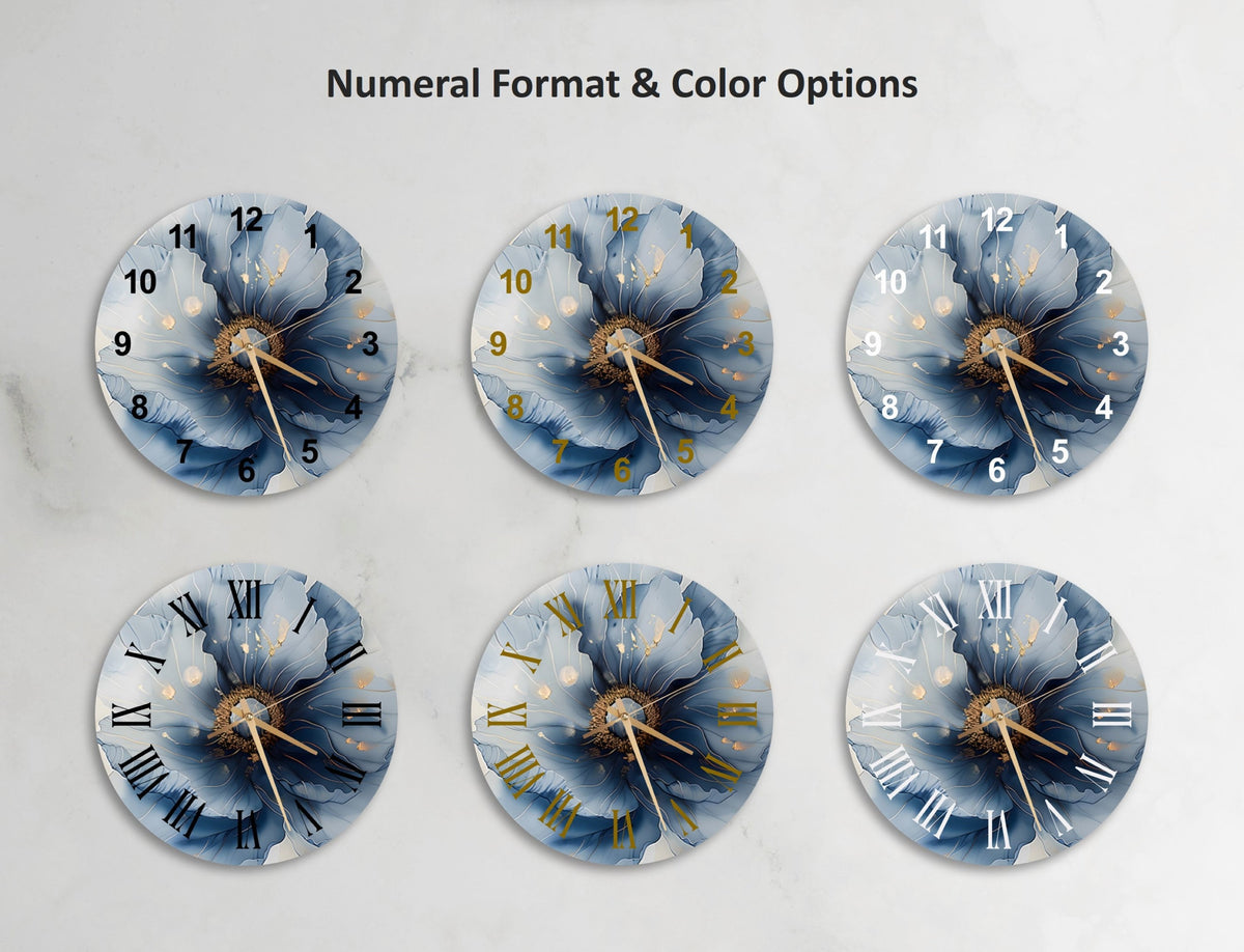 four clocks with blue flowers painted on them