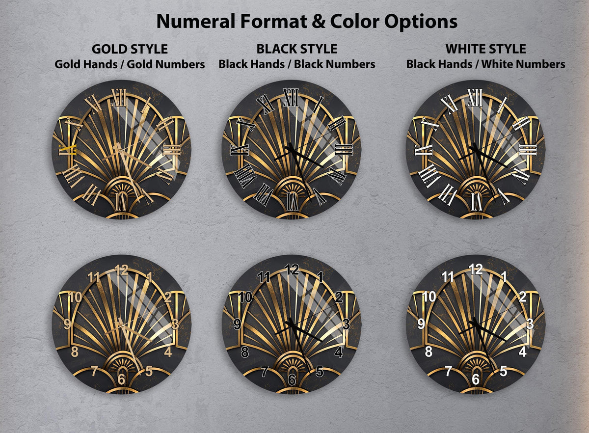 six clock faces with different styles and color options, including gold hands and numbers, black hands and numbers, and white hands and numbers.