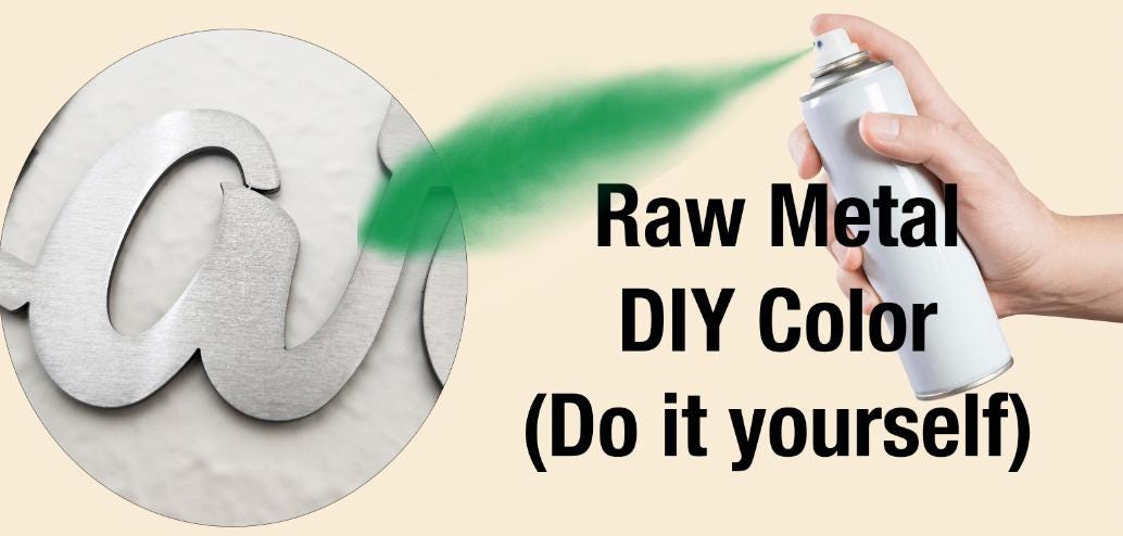 A hand is holding a spray paint can, and there is a green substance being sprayed onto a piece of metal. The text overlay provides instructions for creating a DIY metal color using a spray paint can.