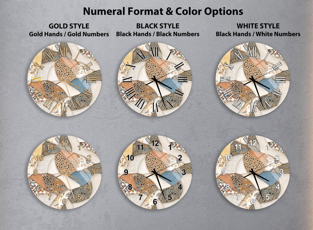 six different clock designs, each with a unique style and color scheme. The clocks feature various patterns and colors, including gold hands, black hands, and white numbers. The clocks are arranged in a grid format, showcasing the different styles and color options available for these wall clocks.