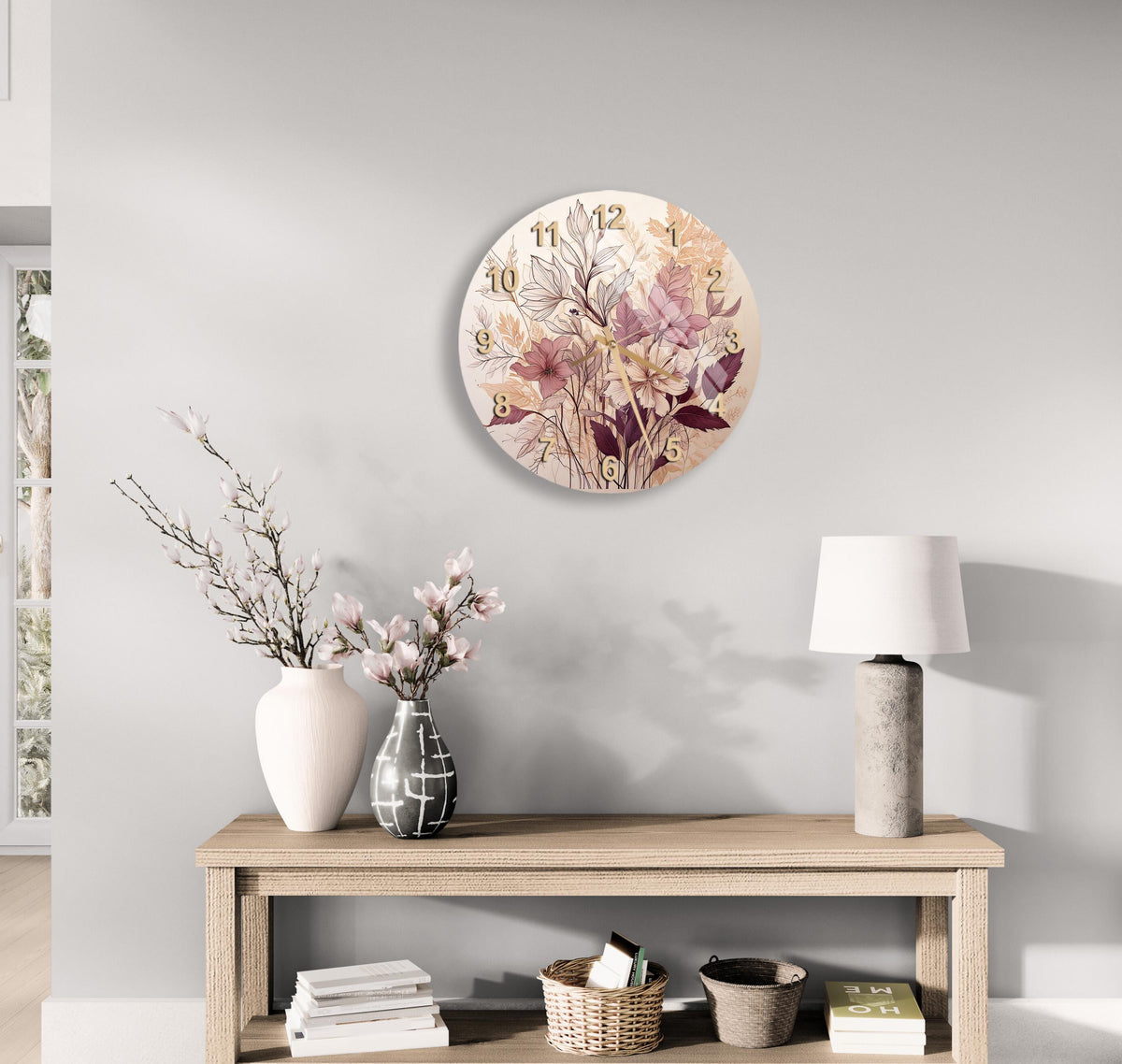 a wooden table with a vase of flowers on top of it