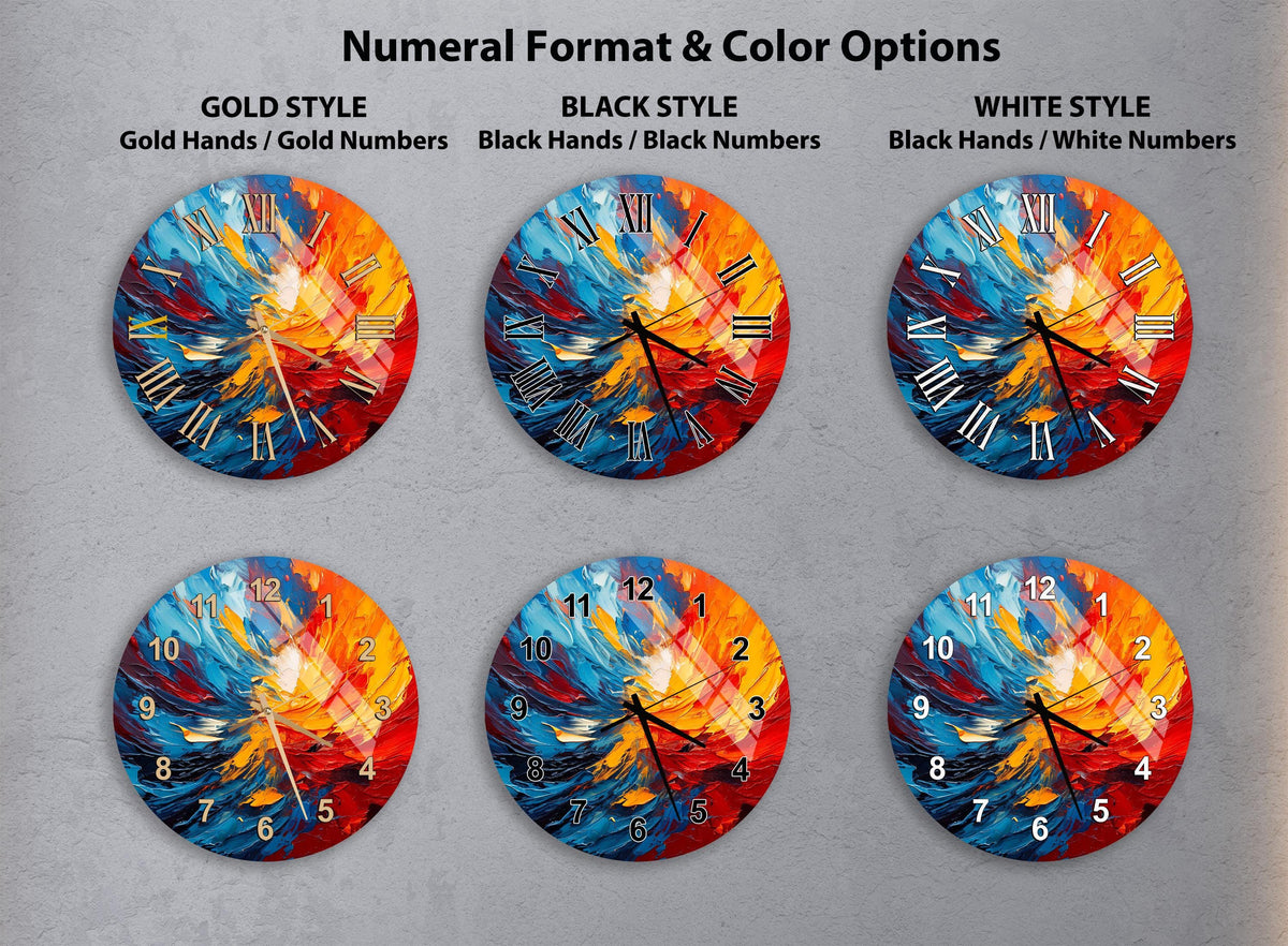 six different clock designs with various styles and color options, including gold, black, white, and black and white.