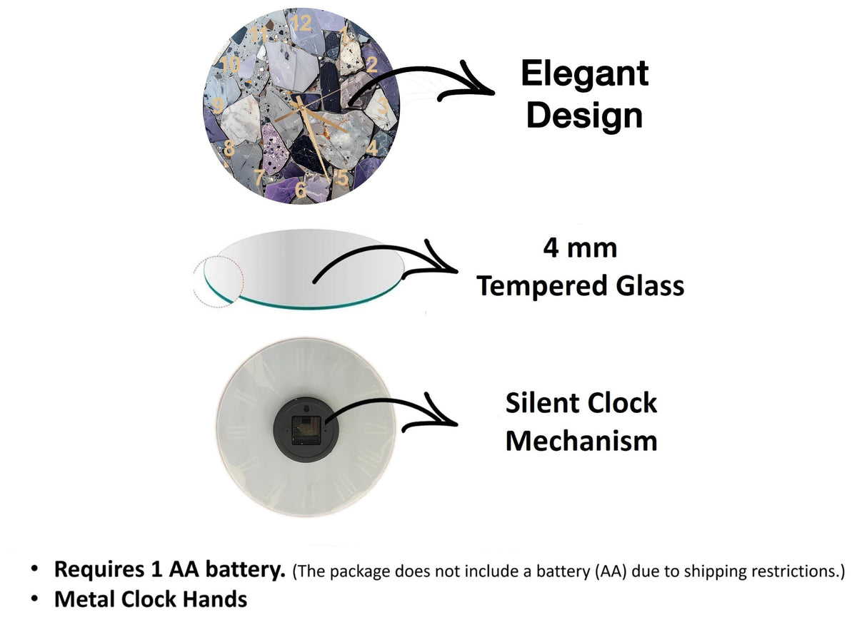 The image is a diagram that illustrates the features of a clock mechanism, including a 4 mm Tempered Glass face, a Silent Clock Mechanism, and Metal Clock Hands.