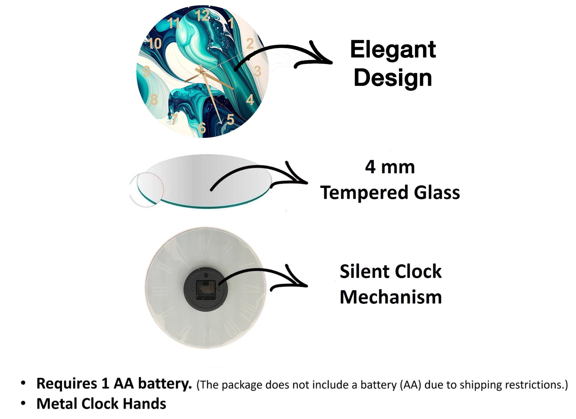 The image is a detailed diagram of a clock, highlighting its features and specifications. It includes a 4 mm Tempered Glass face, a Silent Clock Mechanism, and a 1 AA battery. The package does not include a battery (AA) due to shipping restrictions. The image also shows a close-up view of the clock face and hands, providing a clear visual representation of the clock's design and components.