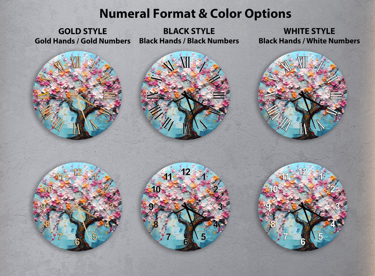 six different clock faces, each with a unique design and color scheme. The clocks are arranged in a grid format, with three rows and two columns. The clocks feature various styles, including gold, black, and white, as well as different color options for the hands and numbers.