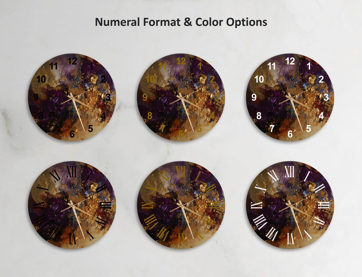 a set of four clocks with different designs on them