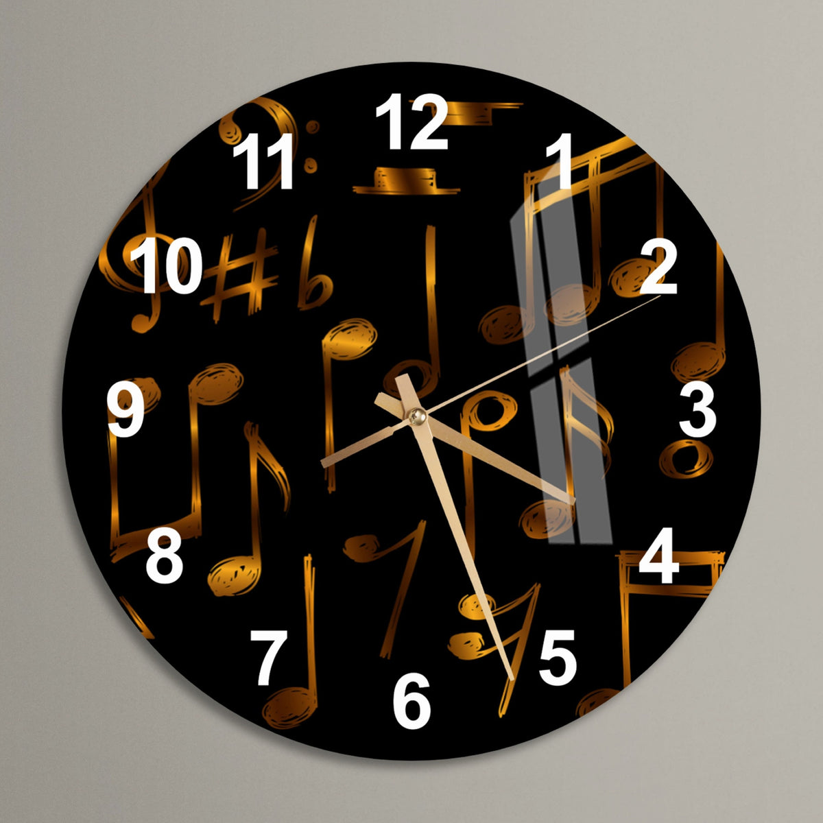 a clock with musical notes and numbers on it